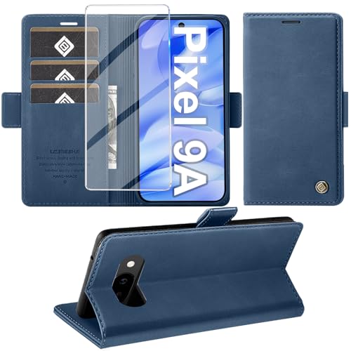 Housse Google Pixel 9A 5G avec rabat en cuir bleu et support vidéo de visionnage
