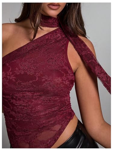 MakeMeChic Women's Floral Lace One Shoulder Tank Top Ruched Sleeveless Y2k Tops with Scarf4