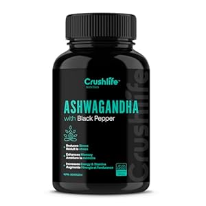 CrushLife™ Nutrition Organic Ashwagandha With Black Pepper for Improved Absorption. 1300MG per serving (2x650mg) Stress Relief, Energy Boost & Focus- 60 Capsules