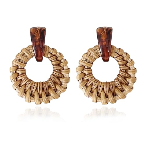 Leshanxing Bohemian Handmade Raffia Rattan Round Drop Dangle Earrings for Women Lightweight Summer Beach Boho Woven Circle Statement Cute Fun Versatile Earrings (Brown)