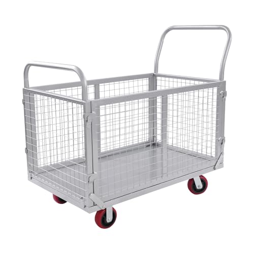 4-in-1 Foldable Platform Truck Cart with Cage Multipurpose Platform Hand Truck Flatbed Cart Load 440 LBS Multi-Functional Push Dolly for Grocery, Laundry, Warehouse, Storage(40