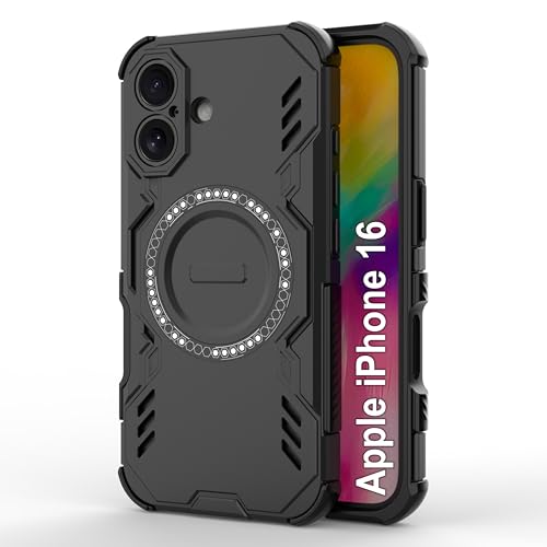 Image of amazon basics Back Case Cover for iPhone 16 | Magnetic Case with Built-in Metal Ring | Supports Mag-Safe Charger, Wallet & Car Mount | Shockproof Hybrid PC + TPU | Black
