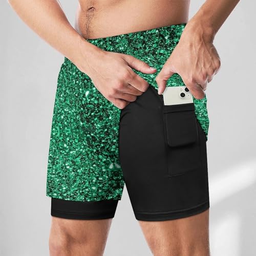 Beautiful Emerald Green Glitter Sparkles Beach Shorts for Men Swim Trunks Quick Dry Swim Shorts with Compression Liner Pocket2