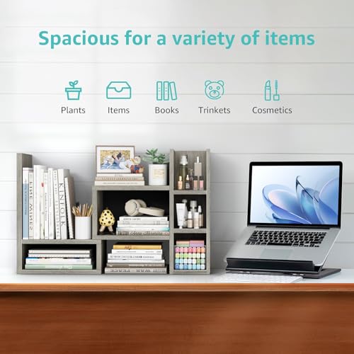 Image of NUTIKAS Desk Shelves Desktop Organizer Shlef - Grey Office Organization for Top of Desk Organizers and Accessories Corner Bookshelf Table Top Shelving Small Hutch Decorations for Office