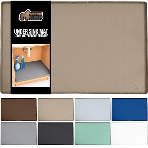 Image of GORILLA GRIP Waterproof Silicone Under Sink Mat with Raised Lip for Kitchen and Bathroom, 34 x 22 in, Cabinet Shelf Liner Stay in Place Mats Dishwasher Safe Drawer Liner, Organizer Tray, Beige