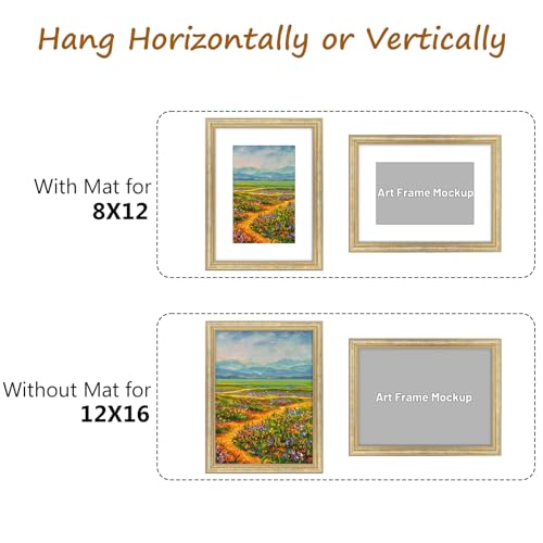 Image of Golden State Art,12x16 Ornate Picture Frame Holds 8x12 Photo,Vintage Gold | Includes plexiglass front,white mat,build-in hangers and buttons.Displays 8x12 photo on wall