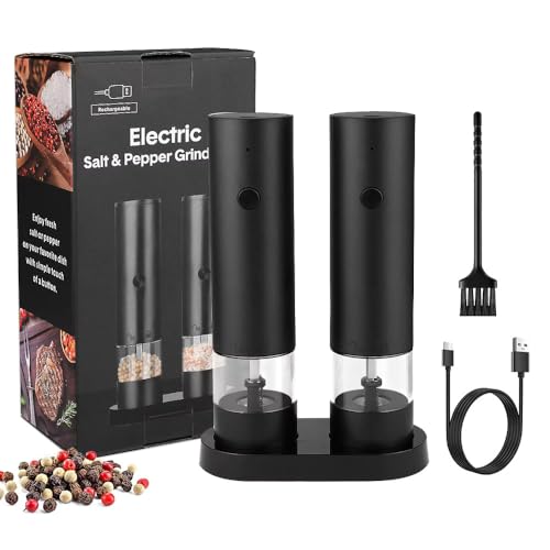 Rechargeable Electric Salt and Pepper Grinder Set, Black, Adjustable Coarseness - Comes with a Stand, USB Charging Cable & Brush