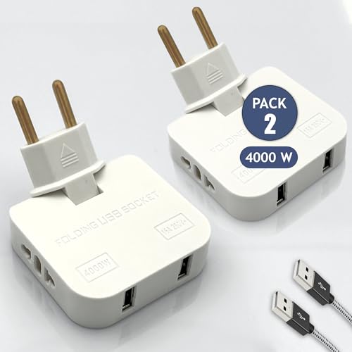 PACK 2 Ladron Enchufe Plano con USB 4000W y 4 Tomas - 2 Puertos de Carga USB y 2 Enchufes - Mayor Potencia y Diseño Fino - Enchufe Ladron Plano de Pared Extraplano con Cabezal Giratorio 180º | 3-Stars