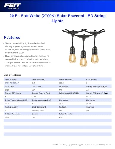 Image of Feit Electric LED Solar Powered String Lights, Dusk-to-Dawn Sensor, 20ft Shatter Resistant Outdoor String Lights, Linkable, 2700K Warm White, 15,000-Hour Lifetime, SL20-10 /SOL /V1, 11 Bulbs Included