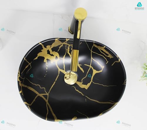 Image of BASSINO 18x14x6 Inches Ceramic Counter Top Wash Basin /1 Year Glazing Warranty /Designer Black Basin for Bathroom with Brown Veins /Tabletop Washbasin for Dining Hall /Living Room(Matt Marble Finish)