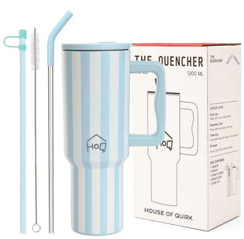 Image of House of Quirk 1200ML Stainless Steel Tumbler with Handle & Lid, 2 Straws - Large Travel Mug Water Cup for Gym, Office & Outdoor Use (Coastal Stripe)
