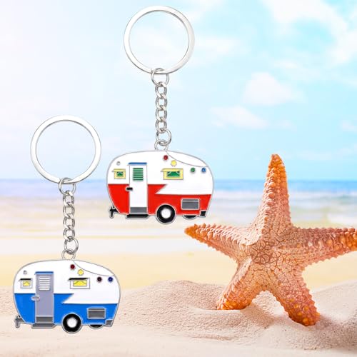 Image of Thinp 2 Pieces Camper Keychain, RV Camper Keyring Accessories for Travel Trailers Enameled Metal Retro Camping Car Keychain