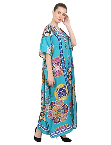 Image of Miss Lavish London Teal Kaftan Dresses for Women V Neck Batwing Sleeve Beach Vacation Bikini Swimsuit Cover Ups, Ethnic Print Plus Size African & Dubai Caftan Maxi Dress with Side-Teal-M