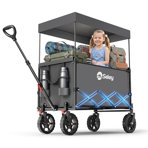 Sekey XXL Chariot Enfant 150L 150KG, Modèle Pliable à Toit, Accessoire de Transport avec Pare-Soleil pour Plage et Camping SE4018, Gris