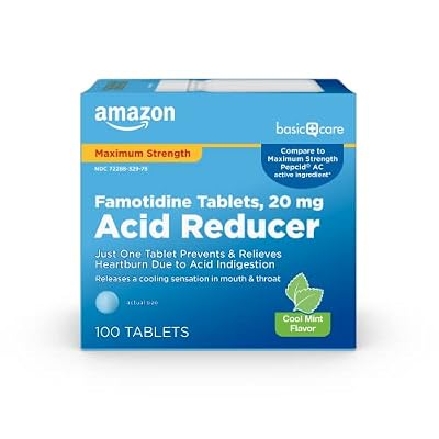 Amazon Basic Care Maximum Strength Famotidine 20mg Tablets, Acid Reducer, Prevents & Relieves Heartburn, Acid Indigestion, Cool Mint, 100 Count