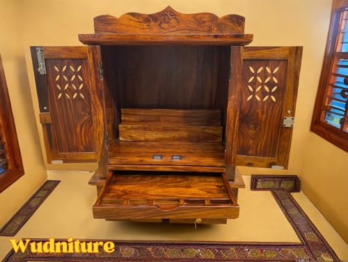 Image of Wudniture Solid Sheesham Wood Pooja Mandir for Home | Handcrafted Wooden Temple with 3 Storage Drawers, Tray & Lock | Natural Teak Finish