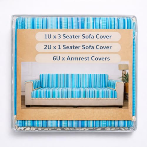 Image of Gifts Island Woven Acrylic Cotton Sofa Cover Mat, Blue Striped with Decorative Tassels, Non-Slip Design with Elastic Straps, 3 Seater and 1 Seater Mats with 6 Armrest Covers (Blue, 3+1+1 Seater)