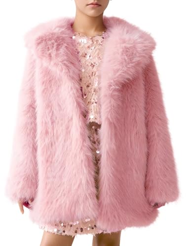 Kissonic Girls Faux Fur Coat Fluffy Kids Warm Winter Fleece Jacket Long Shaggy Outwear with Pockets(Pink-L)