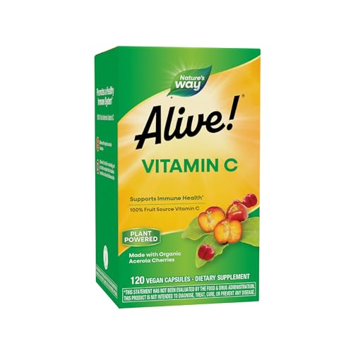 Nature's Way Alive! Vitamin C Supplement Made with Organic Acerola Cherries, Immune Support*, Antioxidant Support*, 100% Fruit Source Vitamin C, 120 Capsules (Packaging May Vary)
