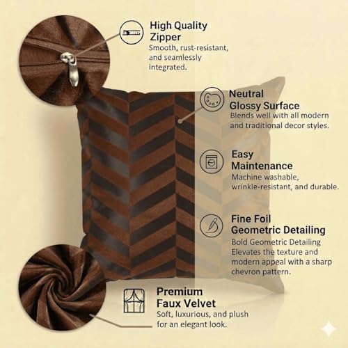 Image of TEXIVA Premium Velvet Cushion Covers Set of 5, 16x16 Inch Sofa Cushion Covers with Hidden Zipper, Modern Chevron Pattern - Dark Brown