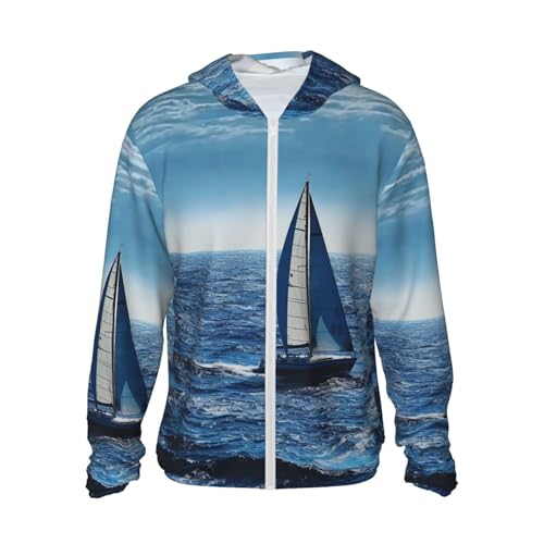 Men's UPF 50+ Light Jacket Blue Sea Sailboat Sun Protection Hoodie Long Sleeve Sun Shirts for Women