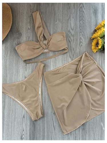 SHENHE Women's 3 Piece Swimsuit One Shoulder Ruched Cut Out Bikini Set with Cover Up Skirt4