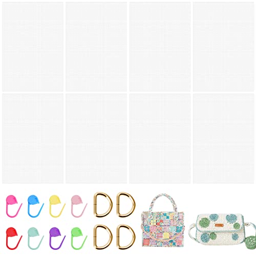 UMILKI Mesh Canvas Kit,8Pcs Kunststoff Mesh Canvas Sheets,33 * 20cm Plastic Canvas Kreuzstich mit 5pcs Häkelnadeln,30Pcs Maschenmarkierer,4Pcs D Schnallen für Strickhäkelprojekte Basteln Cover
