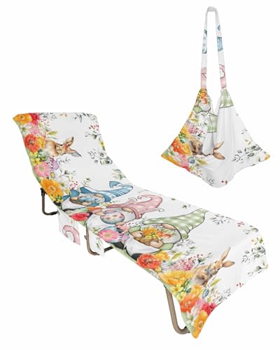 Easter Gnomes Beach Lounge Chair Towel Cover, Soft Chaise Lounge Towel with Side Pockets Patio Pool Chairs Cover for Beach/Pool Sunbathing 29x85 Watercolor Spring Floral Eggs Botanical