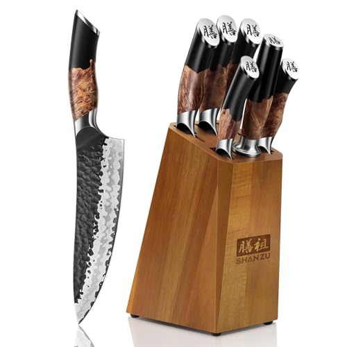 SHAN ZU Messerset 7 teilig, Japanisches Küchenmesser Set mit Block, 7 Schichten Hochwertigem Carbon Stahl Scharf Messerset für die Küche, Professionelles Kochmesserset mit Schärfer