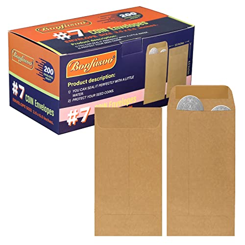 Bonfasvo 200 Pack #7 Kraft Coin Envelope 3.5 X 6.5 Inches Kraft Envelopes Classic Small Parts Envelopes With Self Adhesive Gummed Flap For Coins Cash Credit Cards Seeds #TOP21