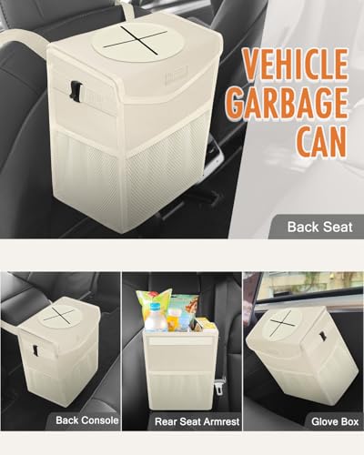 Image of Pritent Car Trash Can with Lid, Cute Leakproof Car Trash Garbage Bag Hanging Vehicle Trash Bin Small Portable Automotive Garbage Cans Organizer for Back /Front Seat(Trapezoid,Ivory