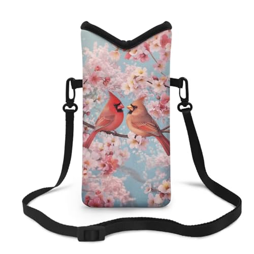 Image of Small Crossbody Bag for Women Men Waterproof Neoprene Phone Bag Pouch with Shoulder Strap Mini Travel Bag for Cellphone Keys Lipstick, American Red Cardinal Bird Peach Blossom