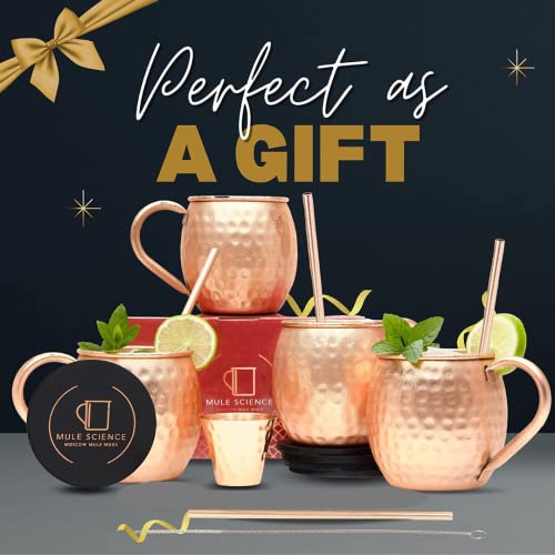 [Gift Set] Mule Science Moscow Mule Mugs Set Of 4 | 100% Handcrafted | Food Safe | Copper Mugs With Bonus Accessories | Tarnish Resistant Copper Cups | 16 Oz. #TOP4