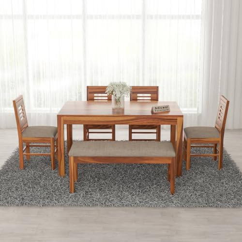 Image of Solid Sheesham Wood 4 Chair with 1 Bench Dining Table Set with Cushioned Chairs for Dining Room | Living Room | Hotels Restaurant (6 Seater with Bench, Honey)