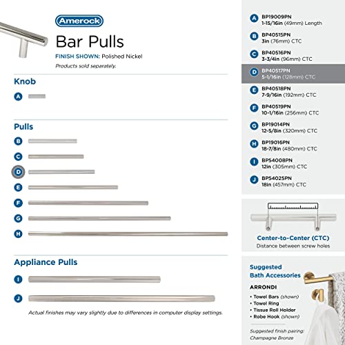 Image of Amerock 5-1 /16 inch Bar Pulls Polished Nickel Drawer Pull | 5-1 /16 inch (128mm) Center-to-Center Mounting Distance and 7-3 /8 inches Overall Length, Durable Carbon Steel Cabinet Hardware