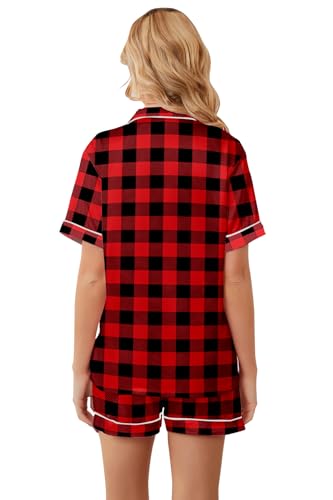 Image of Schbbbta Pajamas for Women, Satin Silky Pjs 2 Pcs Set Button-Up Short Sleeve with Chest Pocket Christmas Sleepwear Soft Loungewear, Red Black Plaid, X-Small
