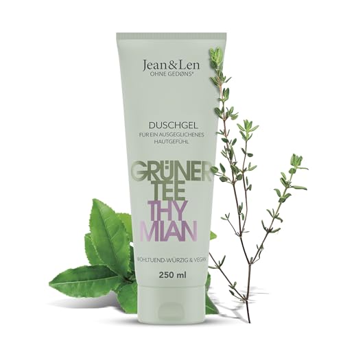 Jean & Len Gel de ducha Té verde y tomillo, pH ideal para la piel, experiencia de ducha especiada, enriquecido con té verde y extracto de tomillo, vegano, sin parabenos ni siliconas, 250 ml
