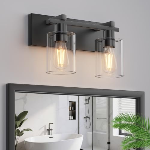 Image of Bathroom Light Fixtures Over Mirror, 2-Light Modern Matte Black Bathroom Vanity Light, Wall Lights with Clear Glass Shade, Living Room, Bedroom, Hallway, E26 Base