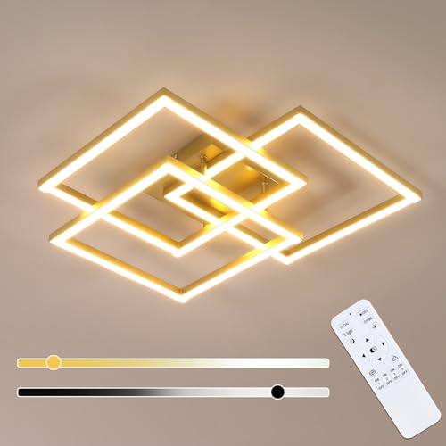 DELIPOP 40W Plafon LED Techo Regulable, Lampara Techo con Mando a Distancia 3000K-6500K, Moderno Lamparas de Techo Salon Cuadrado para Dormitorio Salon Baño Cocina Comedor Pasillo, Oro