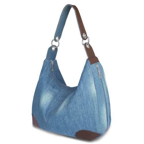 Image of Denim Handbags for Women Jean Purse with Multiple Pockets Denim Blue Pocketbooks Tote Hobos Crossbody Bags
