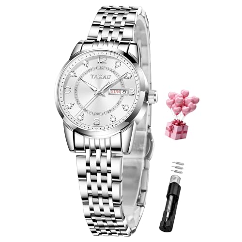 Dress Watches for Women Waterproof Ladies Watches Luxury Diamond Stainless Steel Quartz Women's Wrist Watches with Day Date Silver Two Tone Classic Female Watch Dainty Small Face