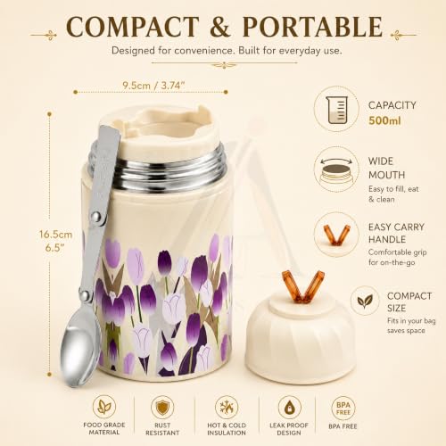 Image of Insulated Stainless Steel 1060ml Lunch Box with 350ml Tumbler | Leakproof Hot Cold Food Container | BPA-Free Cute Tiffin Box for Kids, School, Office, Travel, Picnic (Purple Tulip Floral)