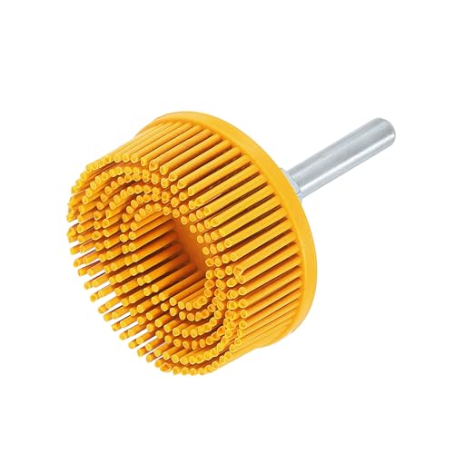 Image of HARFINGTON Bristle Disc 2 inch 80 Grit R-Type Abrasive Brush Coarse Bristle Disc Deburring Electric Disc Brush Attachment with 1 /4 inch Round Shank Abrasive Coating Removal Disc for Metal, Yellow