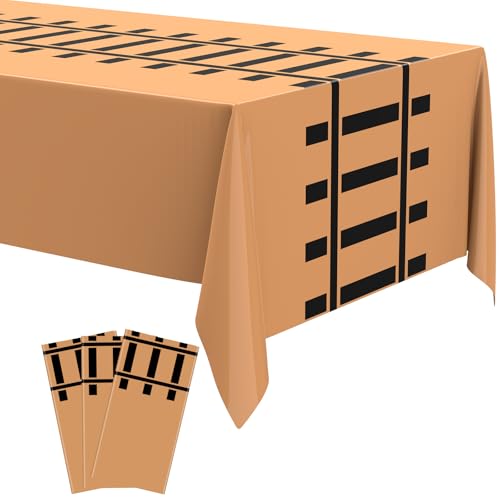 Image of Teenyyou 3 Pcs Train Party Decorations Railroad Track Tablecloths Express Train Birthday Party Supplies 54 x 108 Inch Plastic Table Covers for Railroad Track Western (Khaki)