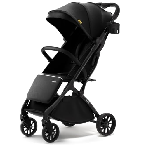 Image of newyoo GlideTow TR18M Travel Stroller, Compact Foldable Baby Stroller with Retractable Handle and Cup Holder, One-Hand Fold, Near Flat Recline Seat, Black