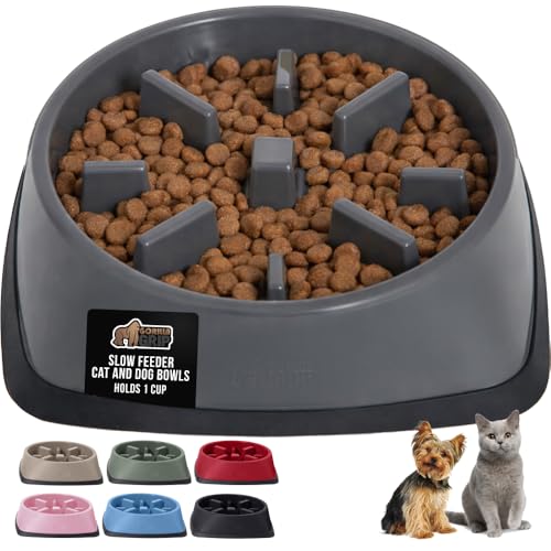 GORILLA GRIP® Patented BPA Free Slow Feeder Dog Bowls, Interactive Puzzle Toy for Dogs and Cats Food Training Enrichment, Keeps Pets Busy and Prevents Puppy Overeating, Small Breeds, 1 Cup, Gray
