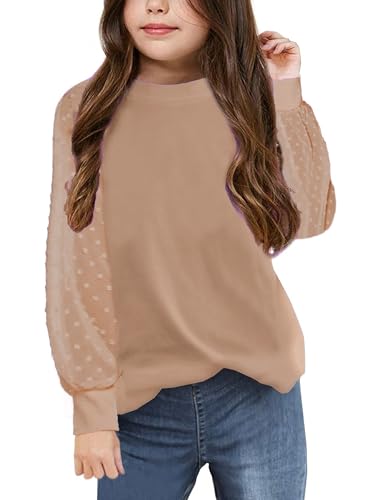 Image of Yekaty Girls Shirts Casual Solid Color Crewneck Blouses Soft Long Sleeve Swiss Dots Chiffon Tops