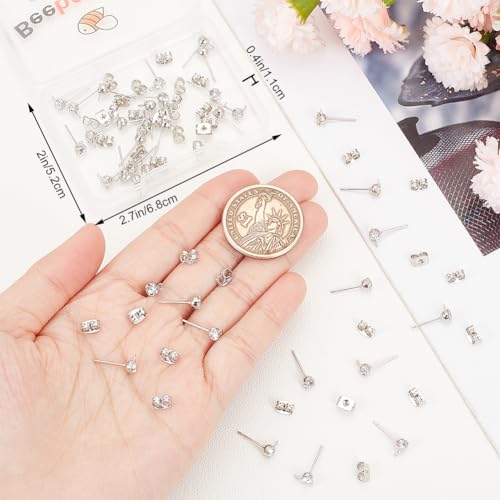 Beebeecraft 1 Box 40Pcs Platinum Plated Earring Findings Cubic Zirconia Post Stud Earrings with Loop and 40Pcs Butterfly Earring Backs for DIY Earring Jewellery Making - Image 3