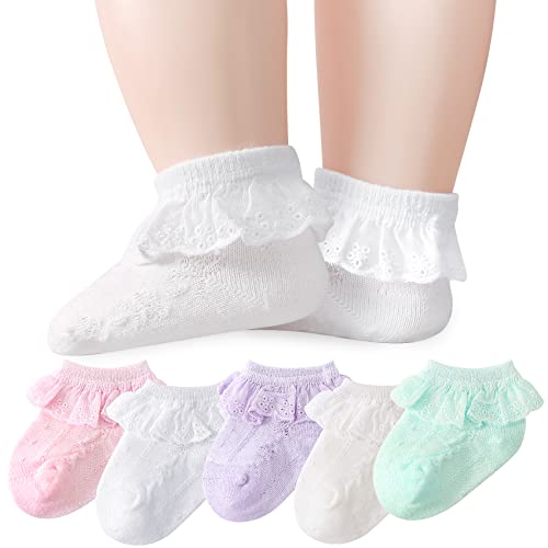 Image of Baby Girl Lace Socks - Newborn Ruffle Cute Infant Princess Dress Frilly Socks 0-3/3-6/6-12/12-24 Months 5/6 Pack