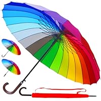 60MPH Windproof 24 Rib Large Strong Rainbow Umbrella - XL Automatic Heavy Duty Golf Umbrella For Rain and Wind - 3 Layer Frame - Wooden Hook Handle - Best for Most Ribs